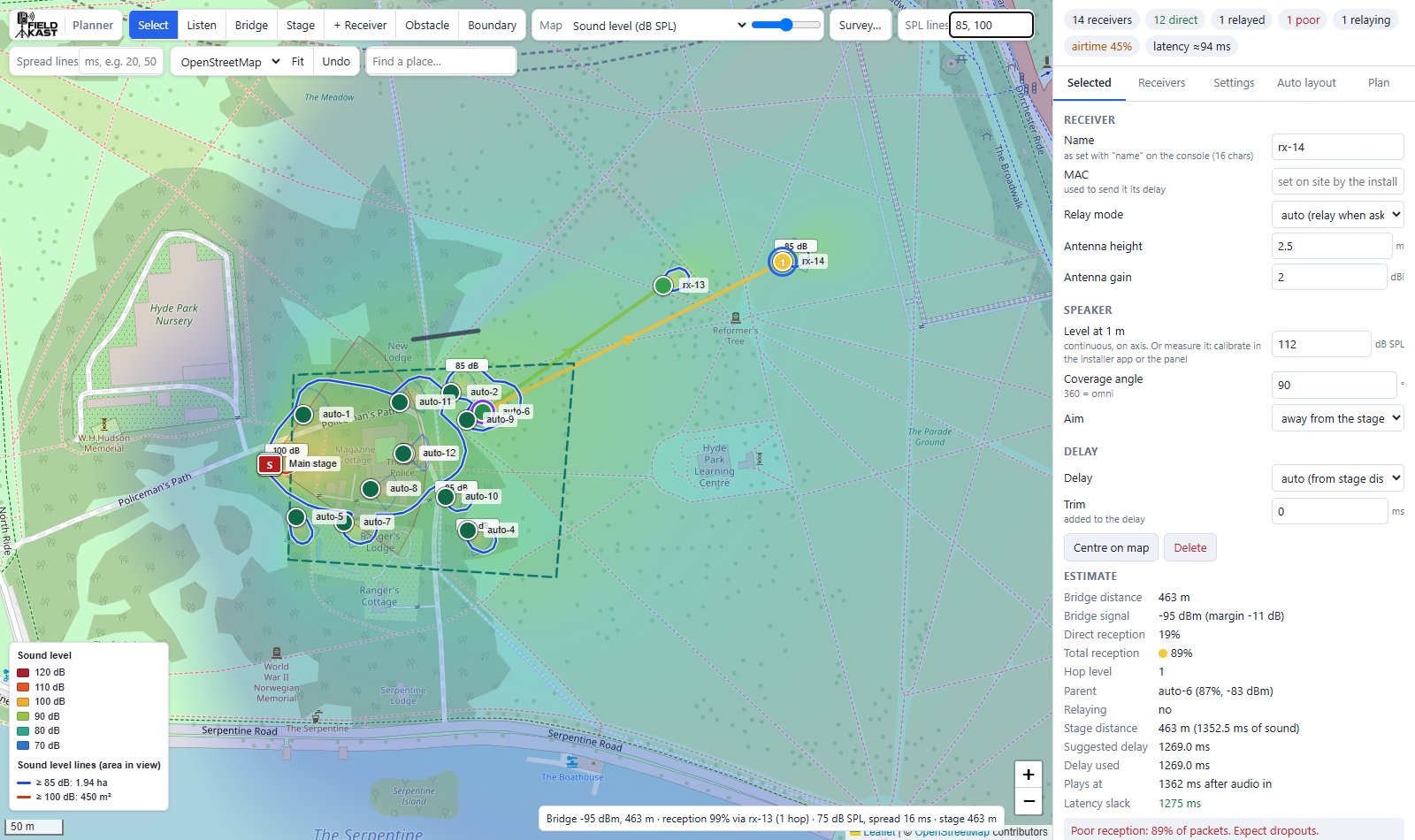 FieldKast coverage overlay showing sound contours and distributed receiver positions